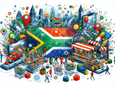 DALL·E 2024-02-06 00.06.21 - Create a vibrant and dynamic image that illustrates the E-Commerce Boom in South Africa. The image should include a bustling digital marketplace with